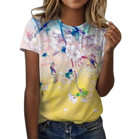 GWAABD Long Sleeve Purple Shirt Womens Casual Print Crew Neck T Shirt Summer Short Sleeve Loose Top