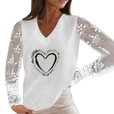 GWAABD Short Sleev Shirts for Women Women S Hollow Out Top Shirt Long Sleeve V Neck Pullover Lace Heart Printed Casual Loose Shirt T-shirt Lace Top