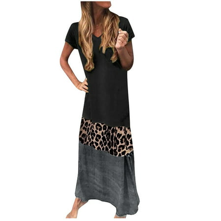 GWAABD Women Dress Summer Dresses Print Ankle-Length Plus Women Short Size -neck Color Leopard Sleeve Matching Women S Dress