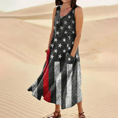 Perfect Summer Gift HIMIWAY Maxi Cheap MIDI Wedding Guest Plus Size Women 5797 Summer Loose Casual Large Size Patriot V-Neck Sleeveless Dress Black L