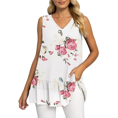 GWAABD Camitops for Women Ladies Summer Sleeveless V Neck Chiffon Tank Top Double Pleat Hem Casual Shirt Tunic Top