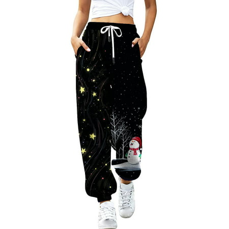 GWAABD Jean for Women Ladies Slacks Sweatpants Christmas Print Bouquet Foot Pants Drawstring Waist Sweatpants