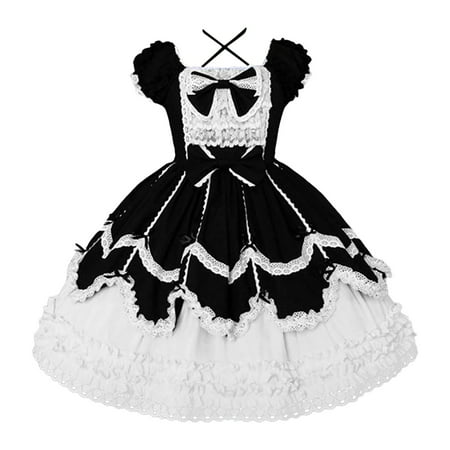 CLZOUD Womens Fashion Dresses Black Lace Bow Women Lace Flounce Vintage Short Gothic Patchwork Sleeve Dress Women S Casual Dress Xl