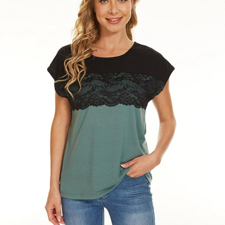 CLZOUD T Shirts Shirts for Women Casual Green Cotton  Spandex Summer Short Sleeve Lace Stitching Short Sleeve Top Female S