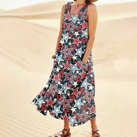 Perfect Summer Gift HIMIWAY Maxi Cheap MIDI Wedding Guest Plus Size Women 5499 Summer Loose Casual Large Size Patriot V-Neck Sleeveless Dress Black XX
