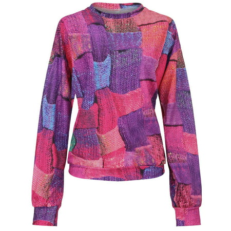 CLZOUD Business Shirts for Women Red Spandex Long-sleeved Round Neck Stitching Printed Loose Pullover Sweatshirt Xxl