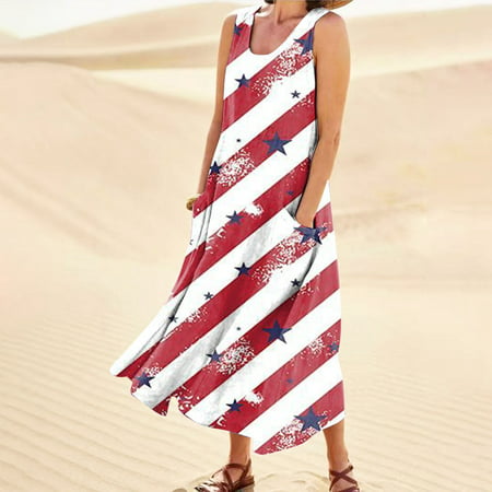 Perfect Summer Gift HIMIWAY Maxi Cheap MIDI Wedding Guest Plus Size Women 5513 Summer Loose Casual Large Size Independence Day V-Neck Sleeveless Dress
