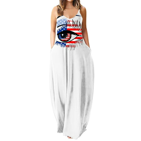 CLZOUD Women S Dresses Casual Suitable Dress for Women Loose Sleeveless Print Dress Beach Sundress Pocket Fashion Dress