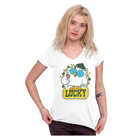 Saint Paddys Lucky Tootsie Pop Owl Women S Petite V-Neck T Shirt Brisco Brands S