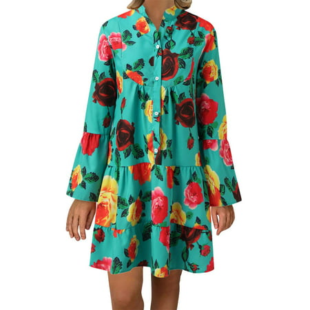GWAABD Blue Dresses for Women Long Sleeve Ladies Loose Womens Dress Mid Autumn Dress Flower Print