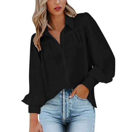 GWAABD Yellow Long Sleeve Shirt Women Womens Long Sleeve Button Down Loose Fit Casual V Neck Top