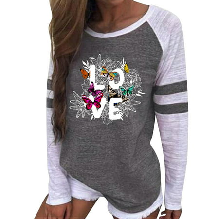 GWAABD Fashion for Women Women Casual Top Round Neck Partial Casual Print Casual Long Sleeve T Shirt Top