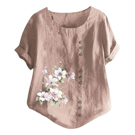 CLZOUD Pink New Elegant Literary and Artistic Retro Printing Casual Cotton T Shirt Top Women Xl