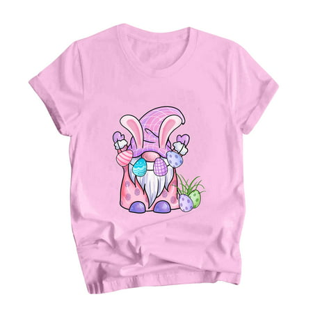 CLZOUD Blouse Tops for Women Pink Bunny Print T Shirt Loose Crew Neck Short Sleeve Top Cute Xl