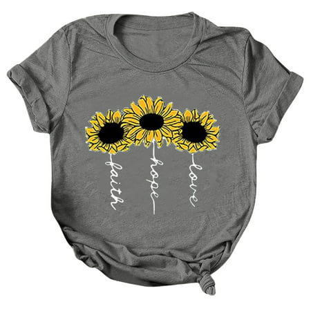 CLZOUD Womens T-shirt Dark Gray Polyester Women Casual Letter Printing Short Sleeves O-Neck Loose T-Shirt Blouse Tops Xxxl