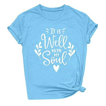 CLZOUD Casual Summer T Shirts Blue Polyester Women Short Sleeves O-neck Letter Printed Casual Tops Blouse T-shirt L