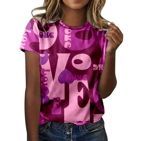 CLZOUD Work Shirts for Women Business Casual Women Casual Cute Valentines Day Printed Round Neck Short Sleeve T Shirt M