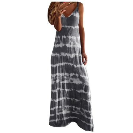 CLZOUD Dresses for Summer Grey Polyester Women Round Neck Sleeveless Gradient Tie-Dye Striped Casual Bohemian Maxi Dress Xl