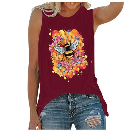 CLZOUD Tops for Women Casual Summer Red Women Casual Fashion Printed Sleeveless Top Blouse Tank Camisole M
