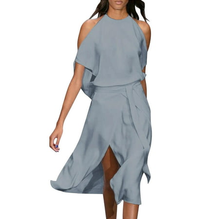 CLZOUD Women S Casual Dress Grey Polyester Spandex Womens Sleeveless Spaghetti Strap Backless Split Long Dress S