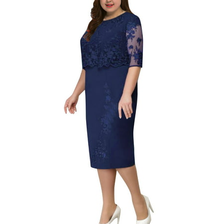 CLZOUD Flowy Summer Dresses Navy Polyester Women Plus Size Elegant Formal Dress Vintage Back Zipper Short MIDI Dress Ladies Evening Lace Floral Party 