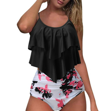 GWAABD Cutout Bikini Set for Women Two Bikini Swimsuit Swimsuit Swimsuit Ruffle Vest Floral Waist Piece Split High Womens Tummy Swimwears Tankinis Set