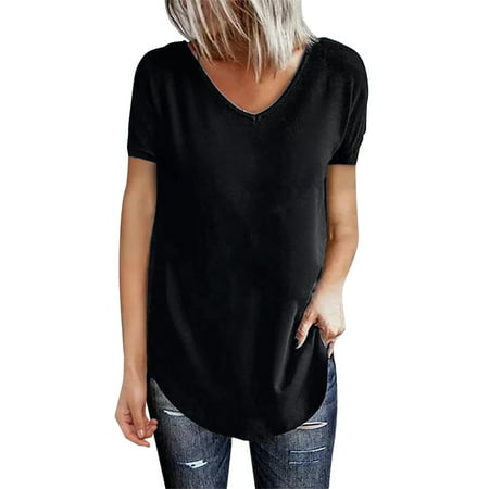 CLZOUD Basic T Shirts for Women Black Ladies Loose Casual V Neck Short Sleeve Solid Color Womens T Shirt L