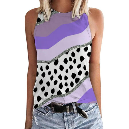 CLZOUD Cropped Muscle Tank for Women Brown Women S Round Neck Sleeveless Pullover Print Casual Versatile Vest
