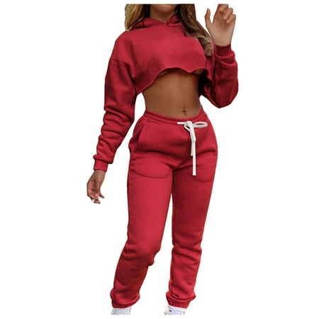 GWAABD Casual Hooded Lace up Long Sleeve Dress Suit Yoga Tracks Casual Women Color Solid Sports Plush Hoodie Time Fashion Women Suits Sets