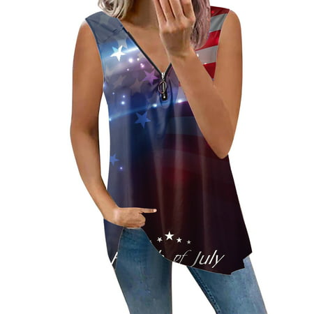 CLZOUD Fashion Elegant Shirts for Women Dark Blue Ladies Fourth of July Printed Zipper Sleeveless Tshirt Xxl