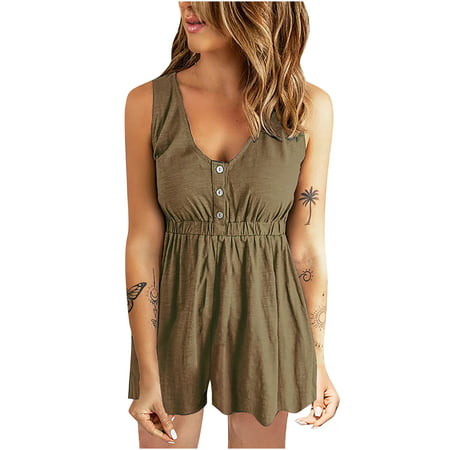 Guieoi Summer Dress Women S Summer Fashion Sleeveless Solid Camisole Suspenders Round NeckPullover Jumpsuits Summer Dresses 5499 on Clearance