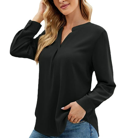 GWAABD Short Sleeve Shirts for Women Women Solid Color Shirt Loose Casual V Neck Pullover Long Sleeve Top Shirt