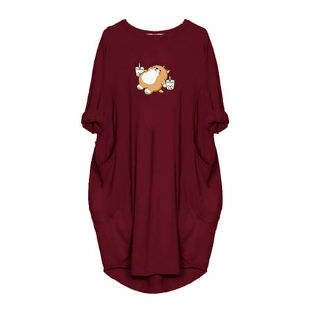 CLZOUD Summer Dresses for Women 2023 Casual Women S Loose Dress Fun Print Crew Neck Two Pockets 3/4 Sleeve Dress S