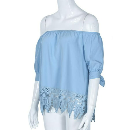 CLZOUD Casual T Shirt Women Blue Women Fashion Summer Ladies Lace Off-shoulder Casual Blouses Tops T-Shirt S