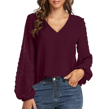 GWAABD Womens Shirts for Leggings Spring and Summer European and American Women S New V Neck Chiffon Shirt Stitching Long Sleeved Top Women