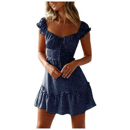 GWAABD Summer Dresses for Women 2023 Plus Size Sundress Pleated Mini Dress Summer Sleeve Women S Print Neckline Dress Women S Dress