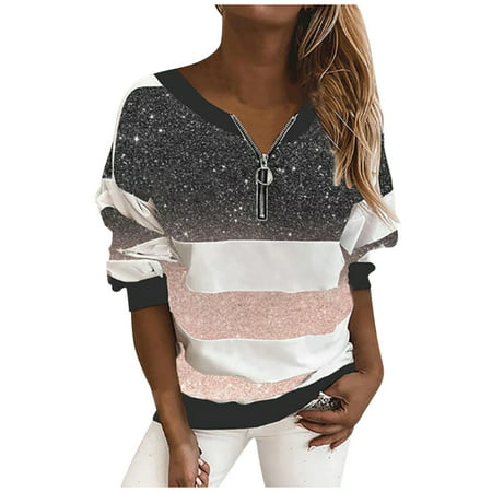 CLZOUD Women Casual Blouse Black Polyester Women Striped Leopard Stitching Zipper Long Sleeve Blouse Pullover Sweatshirt Xxxxl