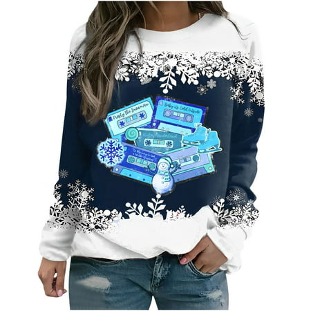 GWAABD Sweatshirts for Women Loose Fit Trendy Women Print Hoodless Loose Pullover Tops Round Neck Casual T Shirt Long Sleeve Sweatshirt
