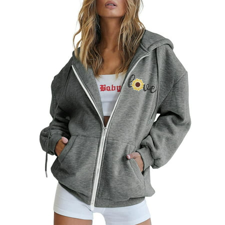 GWAABD Crop Tops Sweatshirt Womens Casual Print Long Sleeve Zipper Hooded Coat Pocket Sweatshirt Tops