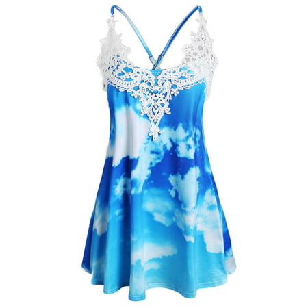 CLZOUD Plus Size Workout Tank Top Sky Blue Womens V-Neck Vest Lace Sky Print Guipure Insert Crisscross Cami Top L
