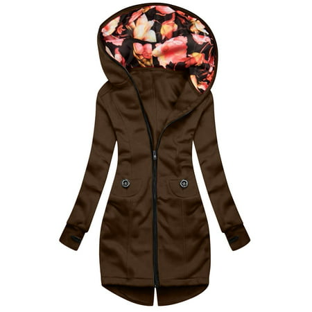 GWAABD Hooded Lace up Vintage Pullover Dress Women Casual Floral Print Hooded Solid Color Coat Zipper Pocket Overcoat Jacket