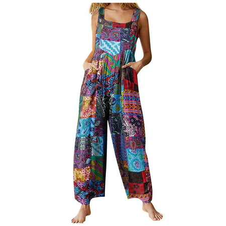 GWAABD Women S Jumpsuits Rompers Buttons Printed Patchwork Suspender Style Vintage Fashion Womens Ethnic Jumpsuit Women S Jumpsuit