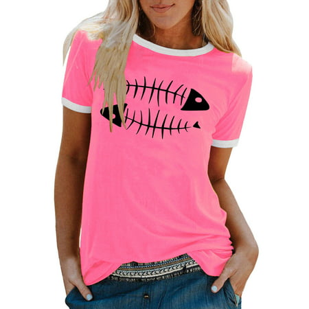 CLZOUD Casual Blouse for Women Pink Women Summer Casual O Neck Creative Fishbone Print Short Sleeve Contrasting Colors T Shirt Top M