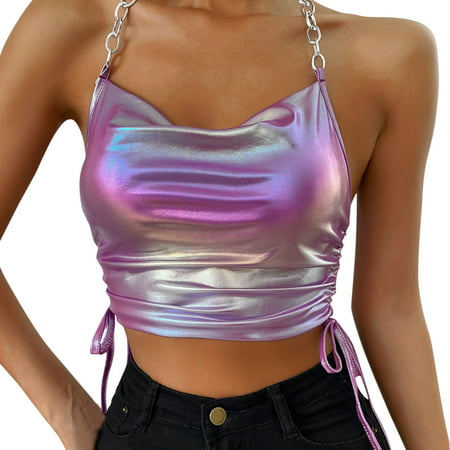 CLZOUD Halter Tops for Women Purple Women S Contrast Color Splicing Sleeveless Halter Top Slim Fit Backless Tank Top S