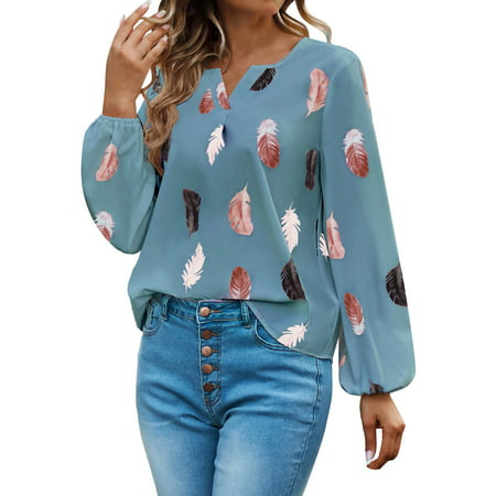 GWAABD Womens V Neck T Shirts Womens Print Color V Neck Long Sleeve Blouse Chiffon Casual Fashion Shirt Tops