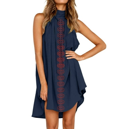 GWAABD White Womens Dress Dress Sleeveless Vintage Print Loose Women Summer Casual Halter Neck Women S Dress