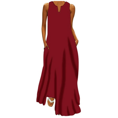 Guieoi Summer Dress Women S Fashion Summer Sleeveless Solid V-Neck Pocket Long Dress Sleeveless V-Neck Dress Summer Dresses 4722 on Clearance