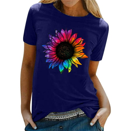 GWAABD Business Casual Shirt for Women Women Casual Flower Printing Top Shirt Short Sleeve O-Neck Fashion Top Loose Elegant T-Shirt Blouse Top