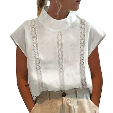 CLZOUD Women Shirts Casual White Women S Solid Color Summer Cut Out Pullover Lace Slim Sleeveless Short Sleeve Collar Shirt Top Vest Xxl