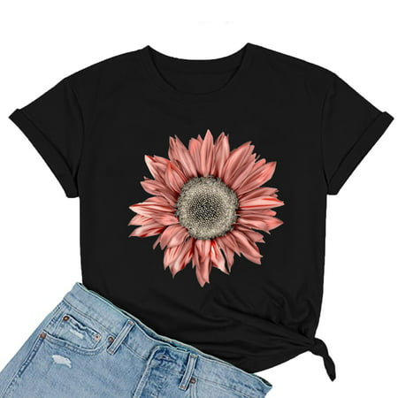 CLZOUD Women Blouses Casual Black Polyester Women Fashion Printing O-Neck Short T-Shirt Loose Blouse Top Shirt S